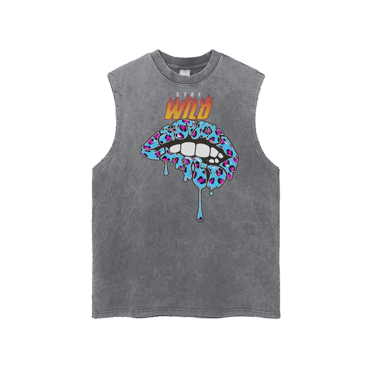 Streetwear Unisex Snow Washed Frayed Hem Tank Top